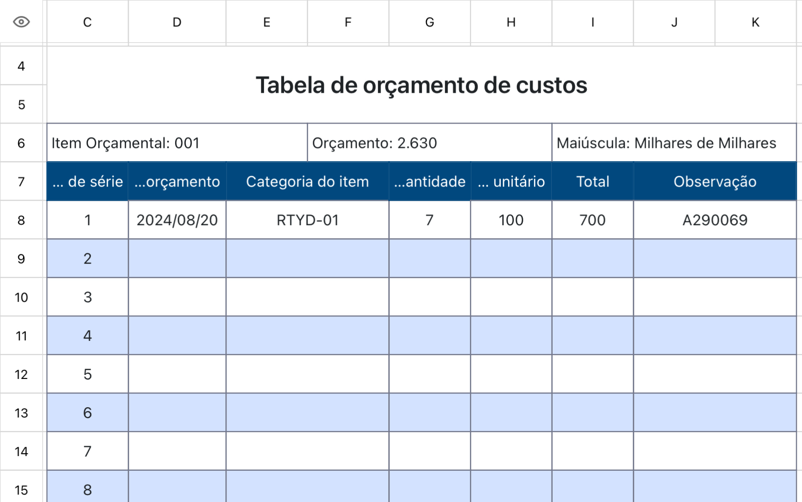 Tabela de orçamento 1
